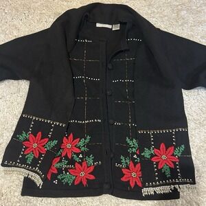Holiday Sweater with Scarf Hand Embroidery Beading Buttoned Front Women's Small